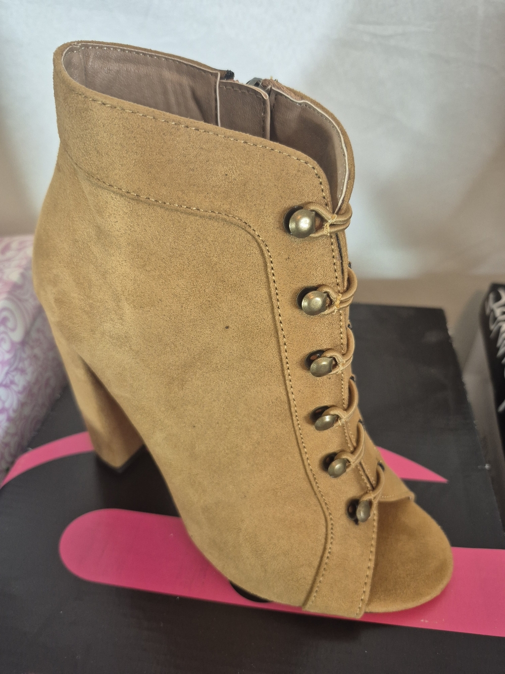Michael Antonio Tan Suede Lace-Up Peep Toe Heeled Ankle Boot